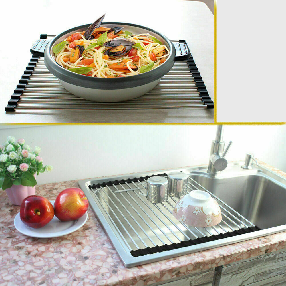 Kitchen Stainless Steel Sink Drain Rack Roll Up Dish Drying Drainer Mat